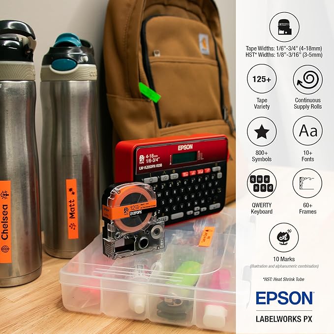 LABELWORKS Epson LW-K200PX-RDB Portable QWERTY Keyboard Label Maker for Home & Hobbies – Craft, Organize, and Personalize - Red Black Printer