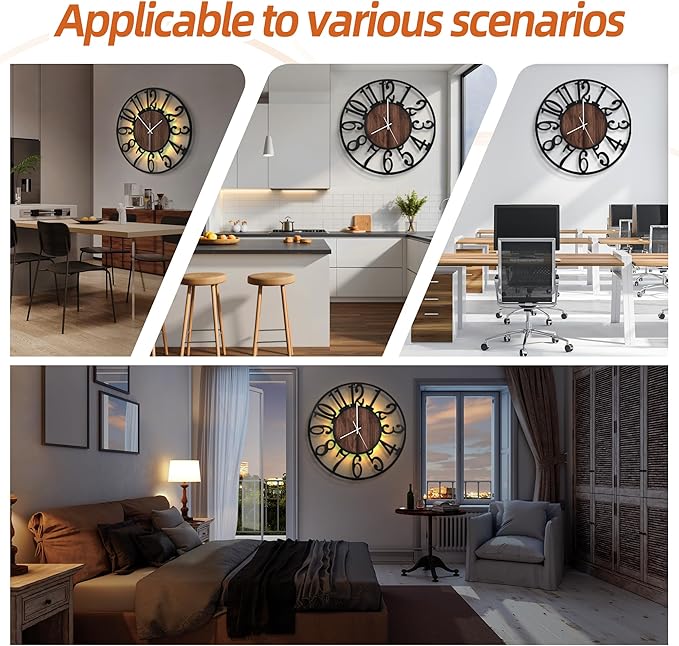 LEIKE Large Wall Clocks with Night Light Battery Operated,Silent Non Ticking,Rustic Modern Big Wood Clock for Living Room, Bedroom,Kitchen,Farmhouse,Office,Home Decor-24 Inch(Black-Arabic Number)