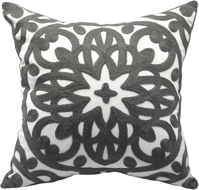 Alysheer Embroidered Decorative Throw Pillow Cover 18x18 inch, Cozy Warm Boho Mandala Chic Embroidery Pattern Gray Cotton Cushion Case for Sofa Couch Bed Living Room Decor (Grey)