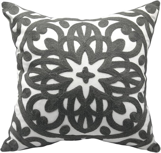 Alysheer Embroidered Decorative Throw Pillow Cover 18x18 inch, Cozy Warm Boho Mandala Chic Embroidery Pattern Gray Cotton Cushion Case for Sofa Couch Bed Living Room Decor (Grey)