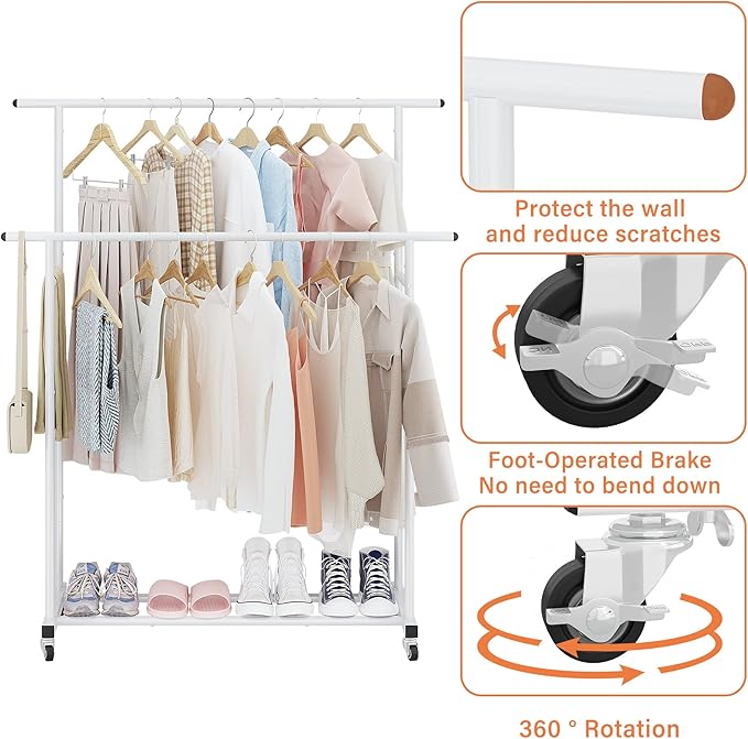 Calmootey Double Rod Clothing Garment Rack,Rolling Hanging Clothes Rack,Portable Clothes Organizer for Bedroom,Living Room,Clothing Store,White
