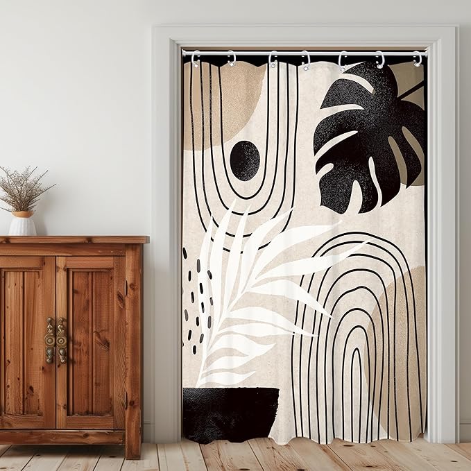 Glawry Boho Mid Century Shower Curtain Narrow Small Stall Abstract Modern Tropical Palm Leaf Minimalist Arch Bathroom Black Brown 48Wx72L Inches Bath Accessories Art Home Decor Fabric 7 Pack Hook