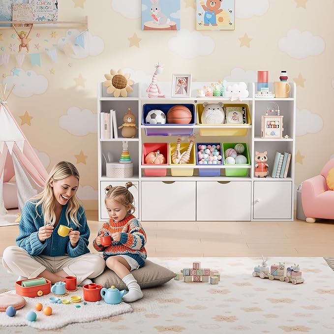Xilingol Kids Toy Storage Organizer W/6 Removable Toy Bins, 4-Tier Toy Organizers W/6 Storage Cubbies and 2 Movable Drawers, Kid Bookshelf and Toy Storage for Playroom, Bedroom, Kids Room (Multicolor)