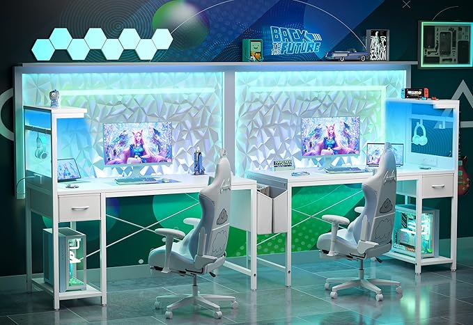 TIQLAB Gaming Desk 40 inch with Power Outlet and LED Light, Computer Desk with Reversible Shelves and Storage Drawer, Small PC Desk for Home Office Table with Bag, Carbon Fiber White