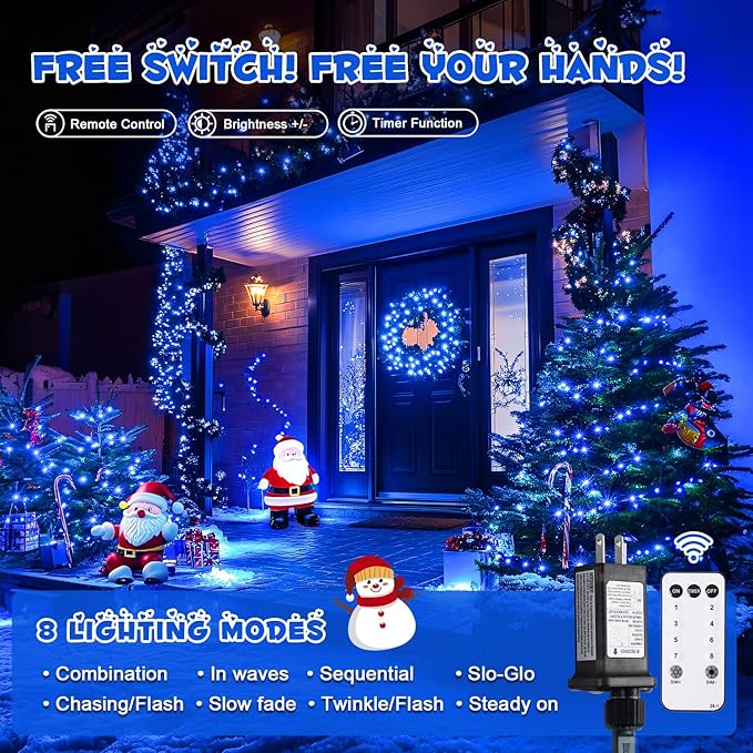 JMEXSUSS Blue 400 LED Christmas Lights Outdoor, 132ft Christmas Tree Lights with Remote, Indoor Blue String Lights Plug in for House Christmas Bush Decorations