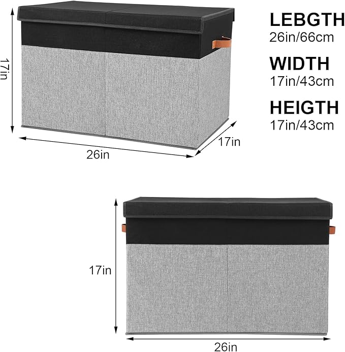 Large Toy Storage Box with Lid, Sturdy Toys Storage Chest Bin Organizer Basket with Dividers for Kids, Boys, Girls, Nursery, Closet, Bedroom, Playroom 26"x17" x17" (Black and Grey)