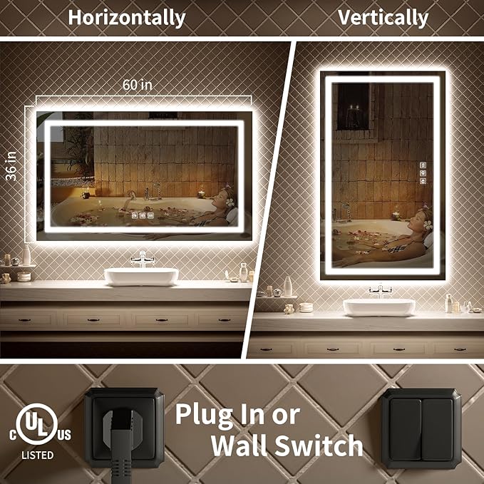 LED Mirror for Bathroom, 60x36 Inch Backlit + Front Lighted Bathroom Vanity Mirror with Lights for Wall, Double Light Strips, 3 Colors, Shatter-Proof, Anti-Fog and Brightness Memory