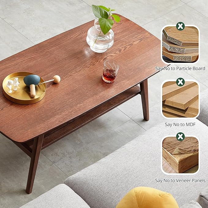 2-Tier Solid Oak Wood Coffee Table - Practical Center Table with Double Storage for Small Apartments, Living Rooms, Bedrooms, and Offices (Walnut, 31.49" D x 19.68" W x 17.32" H)