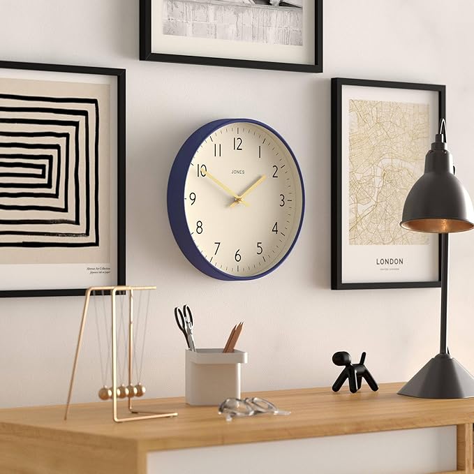 JONES CLOCKS® Studio Wall Clock | Modern Round Clock | 12 inch | Dark Navy Blue | Easy to Read Numbers | Versatile Design for Kitchen, Living Room or Office