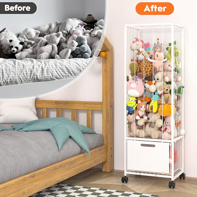 Bukfen Metal Stuffed Animal Storage Zoo Extra Large Stuffed Animal Holder Space Save Toy Organizer PVC with Basket and Wheels for Nursery Playroom Bedroom,D15.75 x W12.68 x H51.18 inch,White