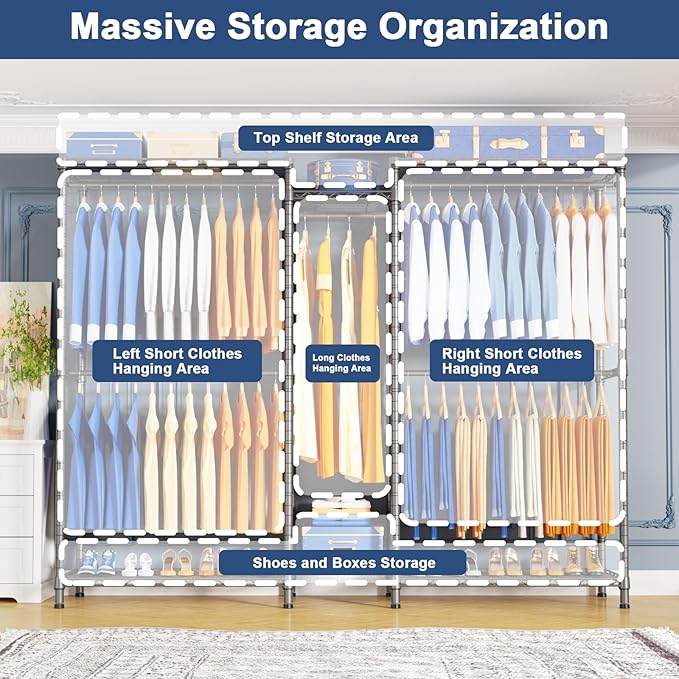 Ulif E12 Clothes Rack，Heavy Duty Freestanding Garment Rack with Shelves，Metal Clothing Closet Storage System for Hanging Clothes，71" W x 16" D x 76.5" H, Hold 960 lbs，Grey