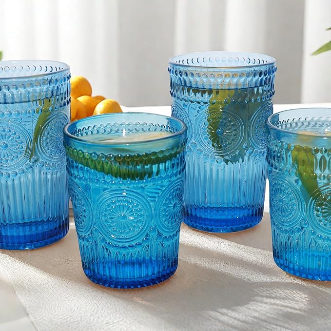 12pcs Vintage Drinking Glasses Set, 12 oz Highball Glasses & 9 oz Embossed Ribbed Glassware Cups for Cocktail, Water, Juice, Coffee, Whiskey (Blue)