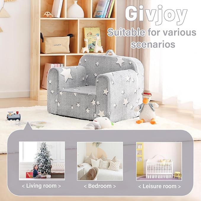 Toddler Chair Plush Kids Couch, Comfy Glow in The Dark Armchair with Removable and Washable Cover Carrying Handle Kids Sofa, Convertible Reading Chair Toddler Couch for Girls and Boys