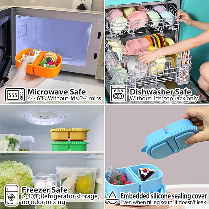 Silicone Reusable Snack Containers with Lids, 2 Compartment 8 oz Food Storage Containers Snackle Condiment Boxes Salad Dressing Sauce Seasoning Small Box for Travel Office Picnic 2 Pack Blue Pink