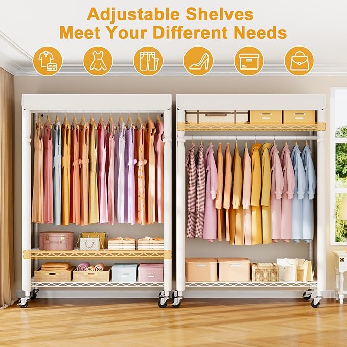 P6C Plus Rolling Clothes Rack with Cover, Covered Clothing Rack Heavy Duty, Portable Closet for Hanging Clothes, Garment Rack on Wheels, White Closet Rack with White Cover, Max Load 375LBS