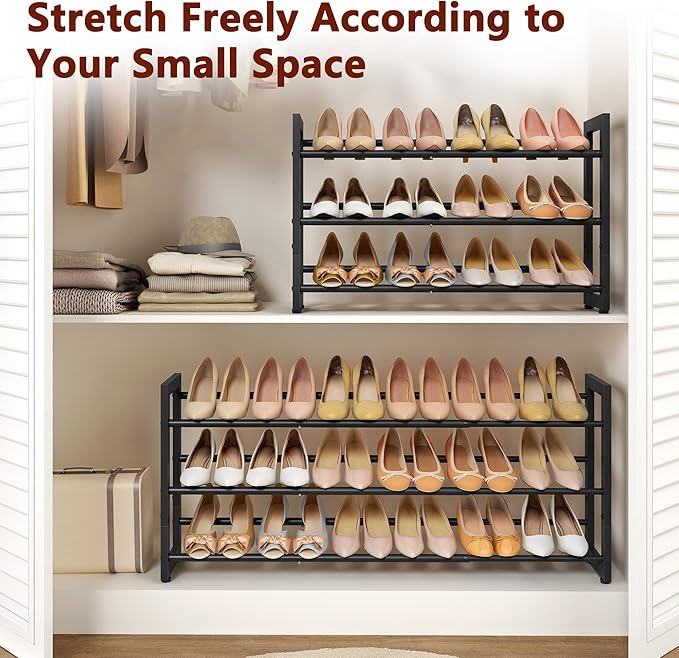 FAVOOSTY 3-Tier Expandable Shoe Rack, Adjustable Shoe Shelf Storage Organizer Space Saving Metal Free Standing Shoe Rack for Entryway Closet Doorway, Black