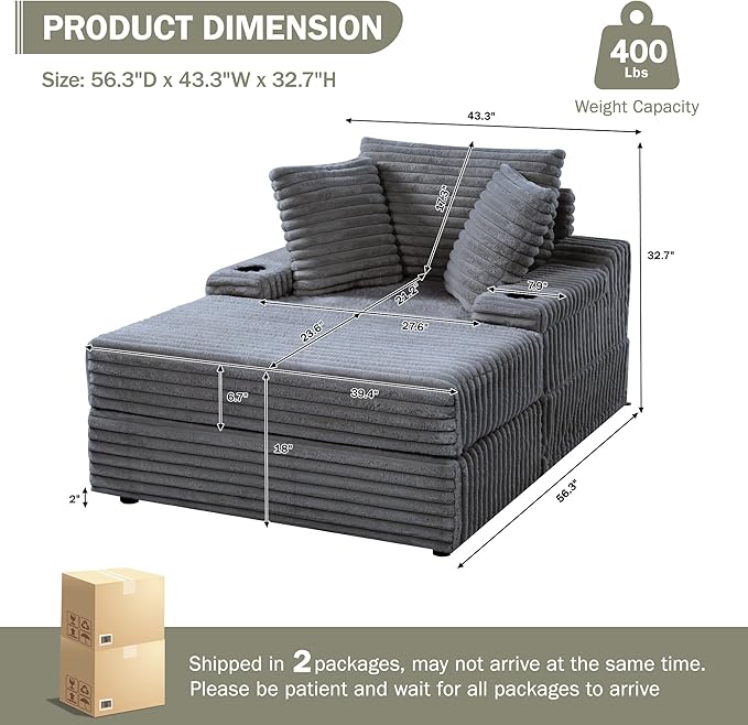 Garvee Grey Oversized Chaise Lounge Chair Indoor with Storage Ottoman, Upholstered Corduroy Sofa Bed Cloud Couch with 3 Pillows, Single Sleeper Sofa Chair for Living Room, Bedroom