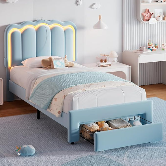 Twin Upholstered LED Bed Frame with Storage Drawer and Adjustable Chic Double Wavy Headboard, Velvet Princess Platform Bed for Kids/Girls, Solid Wood Slats Support, No Box Spring Needed, Blue
