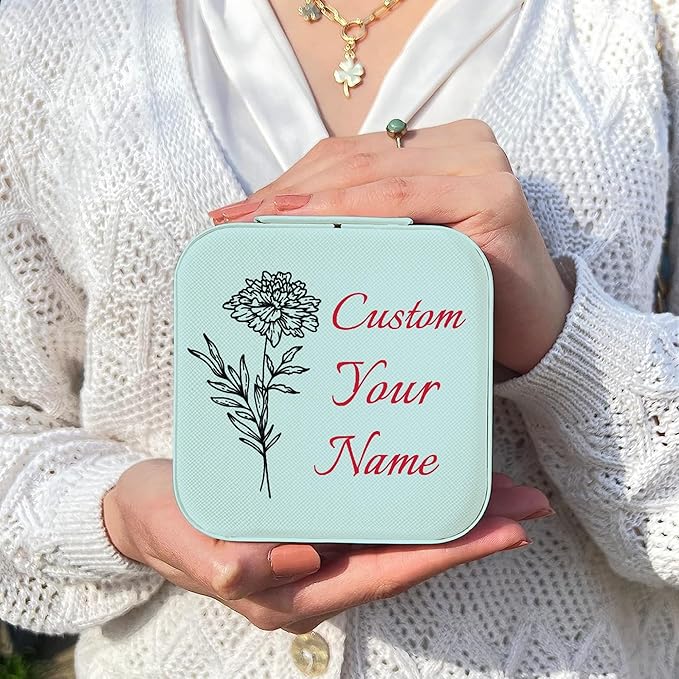 Personalized Jewelry Boxes for Women, Custom Travel Jewelry Case with Name and Birth Flower Month, Portable Jewelry Box Organizer for Mom Birthday Gifts (Blue Customizable)