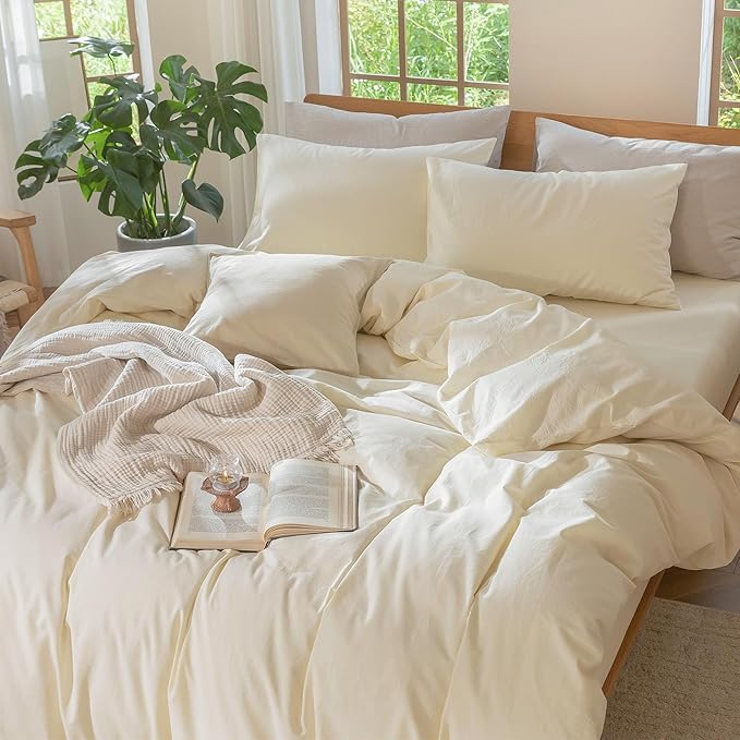 MooMee Bedding Duvet Cover Set 100% Washed Cotton Linen Like Textured Breathable Durable Soft Comfy (Solid Cream White, King 104"x90")