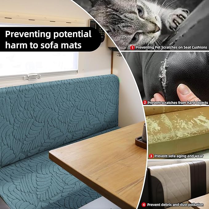 RV Dinette Cushion Covers - Jacquard Stretchable Camper Cushion Slipcovers, 2 Backrest & 2 Bench Covers (Leaves, Blue)