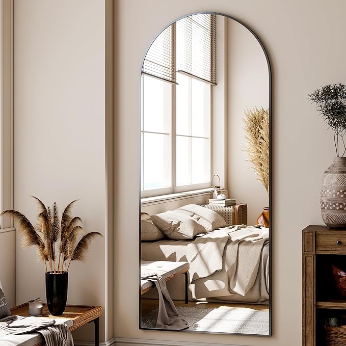 26''x 71'' Arched Full Length Mirror Floor Mirrors with Aluminum Alloy Frame Free-Standing Wall Mounted Floor Mirrors or Large Dressing Mirror, Black Mirror Full Length