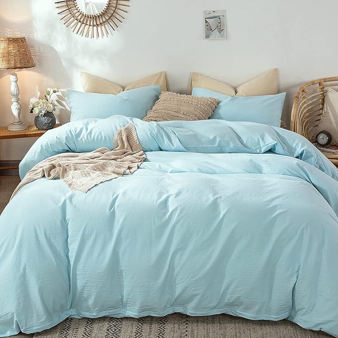 MooMee Bedding Duvet Cover Set 100% Washed Cotton Linen Like Textured Breathable Durable Soft Comfy (Heathered Light Blue, King 104"x90")