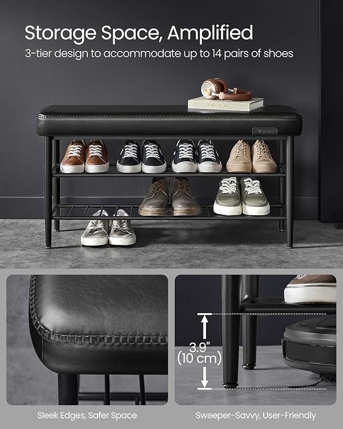 VASAGLE EKHO Collection - Shoe Rack Bench, Storage Bench for Entryway, Synthetic Leather with Stitching, Mid-Century Modern, Loads 300 lb, 11.8 x 39.4 x 19.7 Inches, Ink Black ULSB113B01