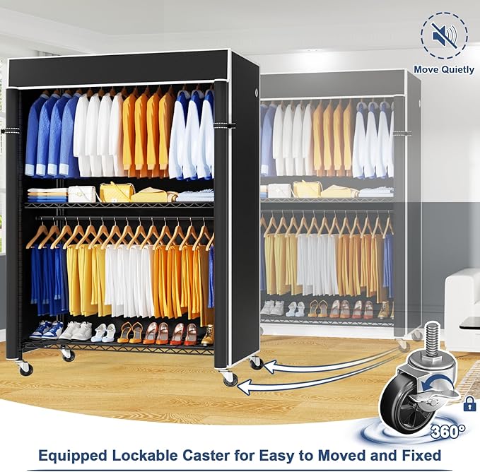 P8C Heavy Duty Clothes Rack（With Extended Width Design） Rolling Clothing Racks for Hanging Clothes with Lockable Wheels，51.2"W x 15.8"D x 80.5"H，Max Load 700LBS，Black Rack with Black Cover