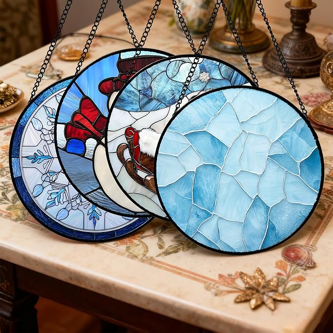 Stained Glass Window Hanging 4 Pcs Set Blue White Christmas Snowman Snowflake Large 15" - Suncatcher Door Garden Sun Catcher Decor Birthday Mother's Day Xmas Gifts for Mom Woman Nana Men