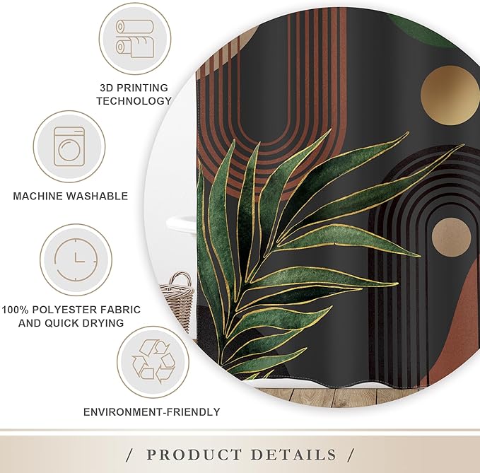 Glawry Dark Green Brown Boho Shower Curtain Abstract Mid Century Retro Tropical Leaves Modern Geometric Bathroom Minimalist Arch Sun 60Wx72L Inches Bath Accessories Art Home Decor Fabric 12 Pack Hooks