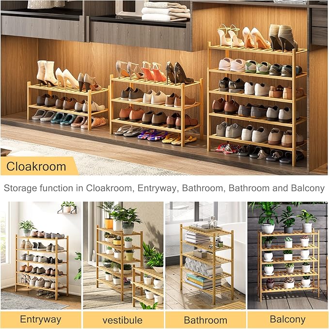 5-Tier Bamboo Shoe Rack for Entryway, Stackable | Heavy Duty | Multi-Function, Free Standing Shoe Racks for Bedroom Hallway Closet