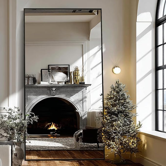 Beauty4U 79" x 39" Large Full Length Mirror with Stand, Metal Frame Black Wall Mounting Full Body Tempered Mirror for Living Room, Bedroom