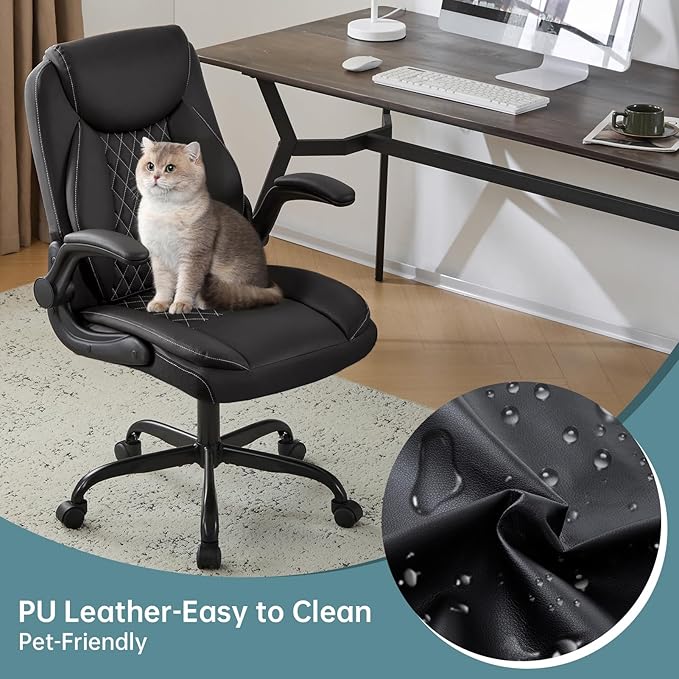 YFO Leather Office Ergonomic Home Office Desk Chair, Back Support Swivel Executive Office Chair with Wheels and Flip-Up Armrests, Small Gaming Chair with Adjustable Rocking Function, Black