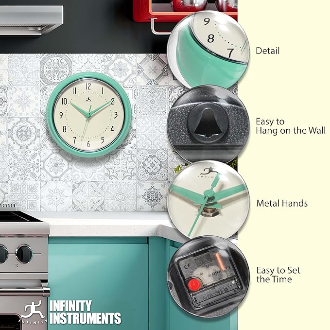 Infinity Instruments LTD. Retro 9 inch Silent Sweep Non-Ticking Mid Century Modern Kitchen Diner Wall Clock Quartz Movement Retro Wall Clock Decorative (Mint Green)