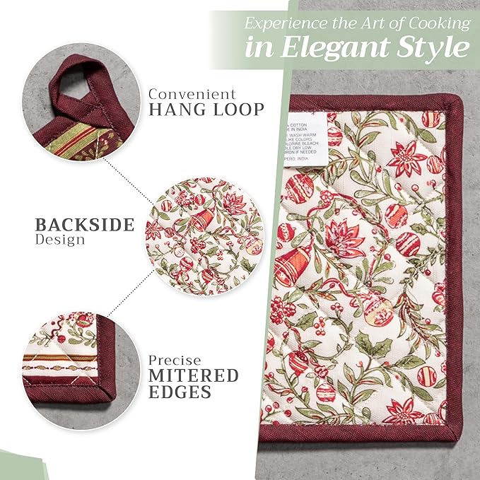 Maison d' Hermine Pot Holders 100% Cotton Heat Resistant Potholders 8" x 8" Hot Pads with Loop for Thanksgiving Christmas Decorations BBQ Cooking Handling Hot Pans (Pack of 1, Reveillon Au Jardin)