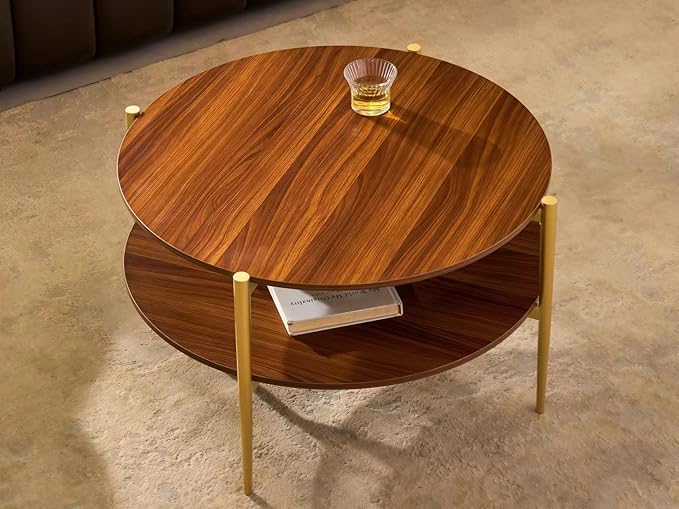 Shrine Round Glass Coffee Table, Mid-Century Modern Design, D30 x H17 in, Two-Tier Round Table with Walnut MDF Shelves, Sleek Conical Metal Legs with Gold Finish