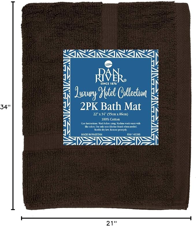 DAN RIVER Classic Bath Mat - Brown, 100% Ring Spun Cotton, Pack of 2, 21x34 inches, 800 GSM, Non-Slip, Absorbent, Quick Drying, Machine Washable Bathroom Floor Mats for Shower, Kitchen & Bath