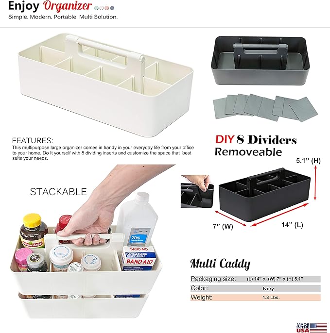 2 PACK - Portable DIY 8 Dividers Durable Plastic Organizer Tote Tool, Supply, Vanity Storage Home Office School Makeup Cleaning Caddy with Handle Made In USA (Ivory)