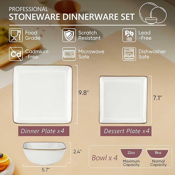 Herogo 12 Pieces Square Stoneware Dinnerware Dishes Set for 4, Handmade Dining Plates and Bowls Sets, Double Reactive Glaze, Microwave & Dishwasher Safe, Scratch Resistant, Ivory White