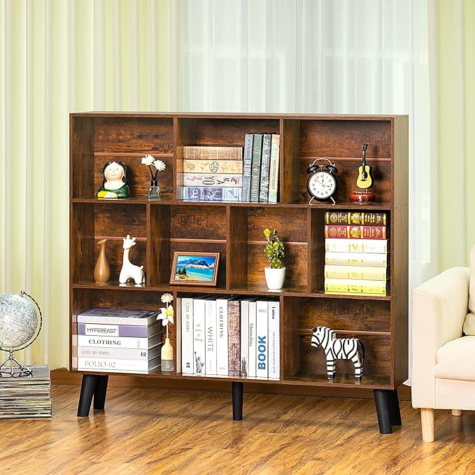 LEYAOYAO 10 Cube Bookshelf,3 Tier Modern Wide Bookcase with Legs,Mid-Century Wood Bookshelves Storage，Brown Large Book Case,Freestanding Organizer Display Shelf for Bedroom,Living Room,Office