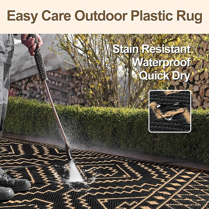 Wonnitar 8x10 Outdoor Rug, Large Waterproof Reversible Outdoor Patio Area Rug, Indoor/Outdoor Plastic Straw Portable Camping Rug for Outside RV Balcony Garden Deck (Black & Brown,8'x10')