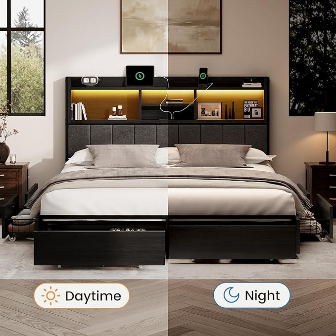 Queen Bed Frame with 6 Storage Drawers, Linen Upholstered Headboard, Built-in USB Charging Station & LED Lighting, Silent Metal Support, No Box Spring Needed, Vintage Black