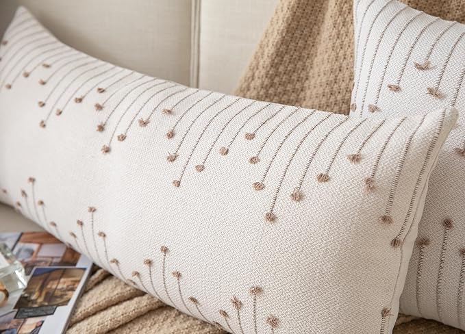 Caflife Boho Lumbar Pillow Cover 14x36 Long Pack of 1 Decorative Pillows Bed, Beige with Tan Body Throw Pillow Covers, for Modern Farmhouse Sofa Bedroom Living Room Home Decor Couch Pillowcase