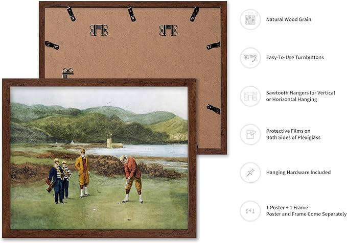 Poster Master The Putting Green Painting Poster - Golf Course Print - Golf Art - River Art - Sports Art - Landscape Art - Father's Day Art - Great Office or Living Room Decor, 11x14 Brown Framed