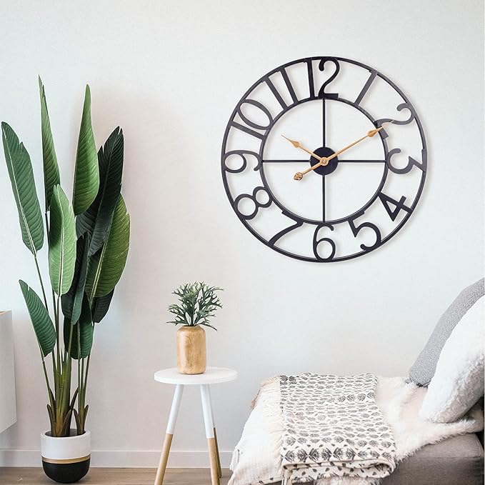 Large Wall Clock for Living Room Decor, 30 in Oversized Wall Clocks Battery Operated Silent Non Ticking, Modern Farmhouse Decorative Wall Clock for Kitchen, Bedroom, Office - Black Metal