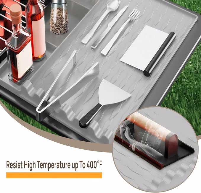 Blackstone Griddle Accessories, Silicone Grill Mat for Blackstone - Non-Slip BBQ Side Shelf Organizer with Drip Tray, Large Universal Griddle Seasoning for Outdoor/Kitchen Countertop(Gray)