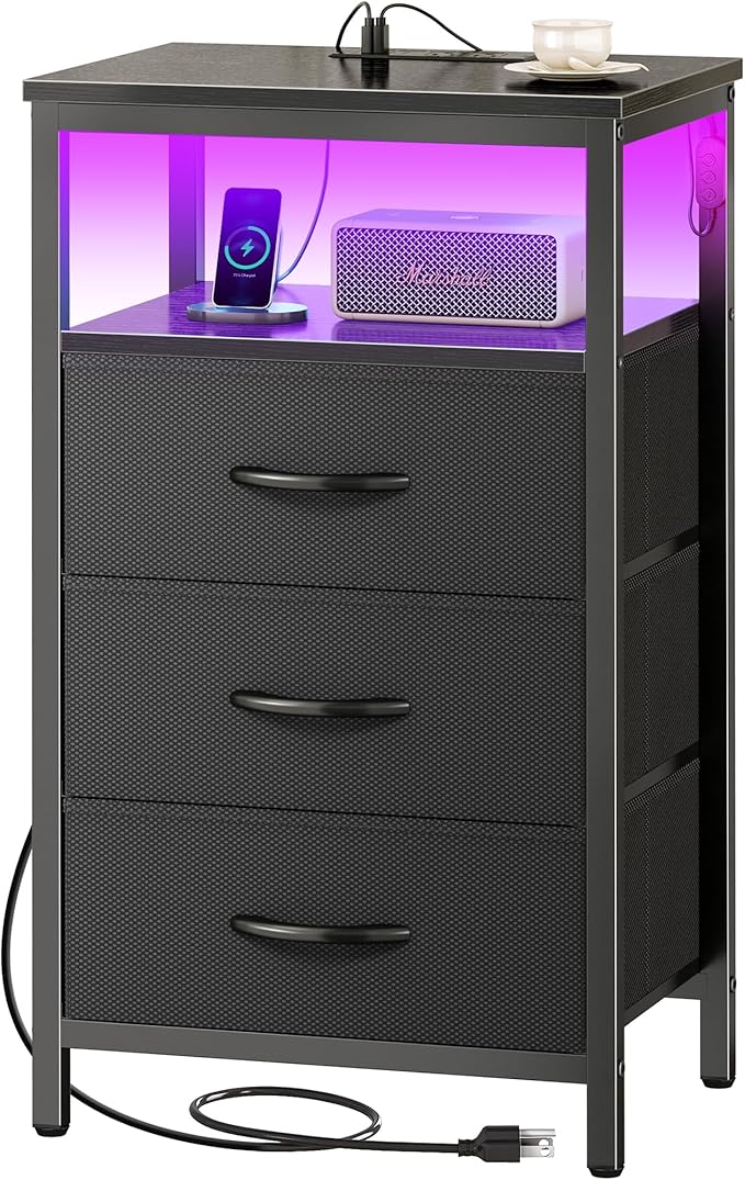 Huuger Night Stand with Charger Station and LED Lights, 3 Drawer Nightstand, Bed Side Table with Open Shelf, End Table, Tall Fabric Dresser for Bedroom, Black