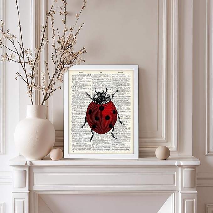Poster Master Dictionary Art Poster - Retro Ladybug Print - Insect Art - Red Bug Art - Gift for Men, Women & Animal Lover - Minimal Decor for Living Room & Kid's Room, 8x10 White Framed