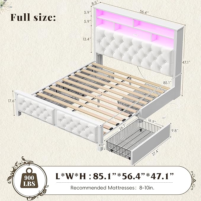 EnHomee Full Size Bed Frame with 4 Storage Drawers and Headboard Upholstered,Wooden Full Bed Frame with Charging Station and LED Light,NO Noise,No Box Spring Needed,Beige